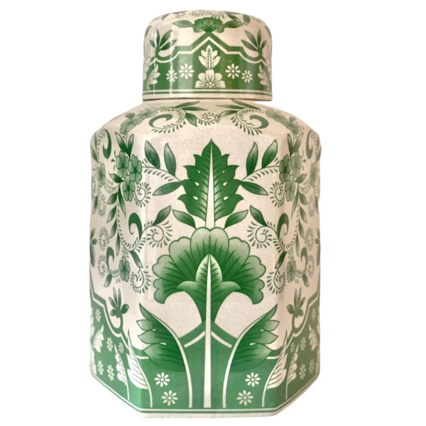 Image of designer ginger jar from Creatively Active Minds. Green chinoiserie pattern.