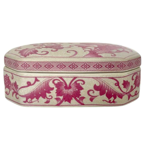 Image of porcelain trinket box with pink chinoiserie pattern.