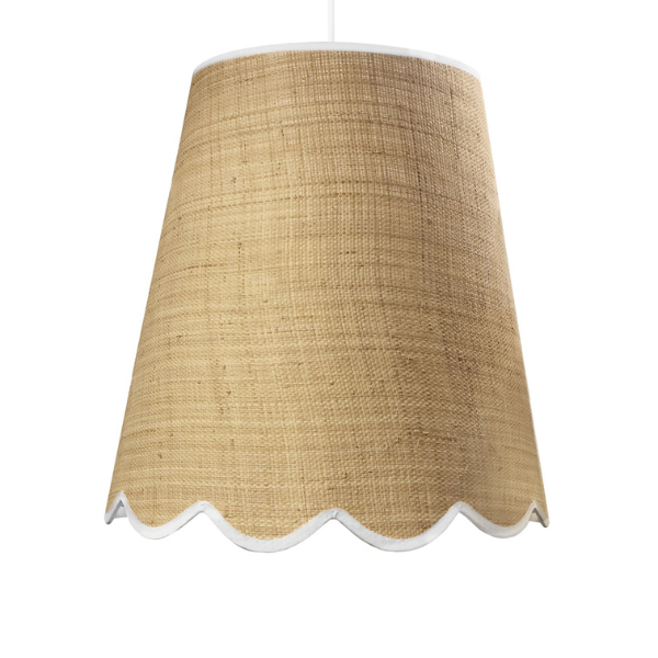 Image of medium pendant ceiling light shade with woven raffia and white scalloped edge.