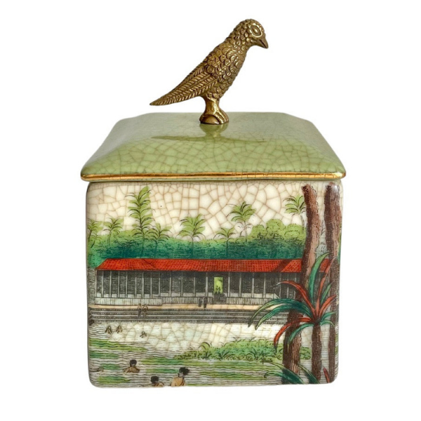 Image of square lidded Trinket Box with colonial building pattern and bronze bird handle.