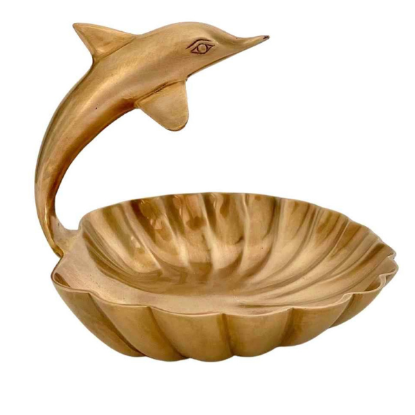 Image of brass shell shaped dish with fish feature and will have small antique etching emblem.