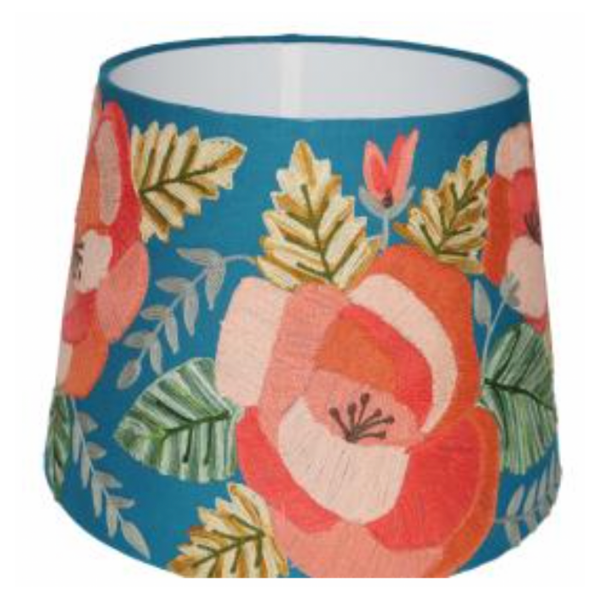 An absolutely delicious design. Embroidered lamp shade featuring orange and apricot coloured flowers over a azure blue cotton/linen base.