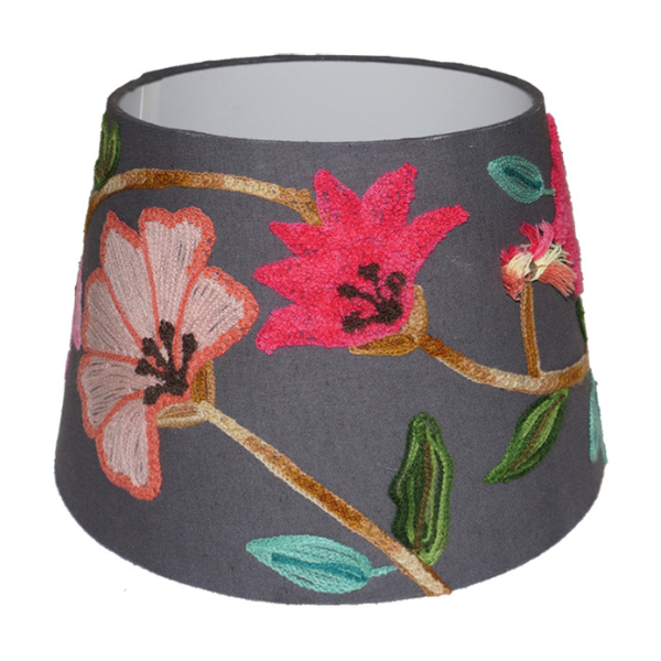 Image of embroidered Pink Azaleas cotton lampshade on grey background.