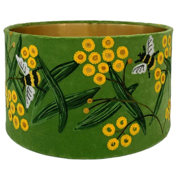 Image of wattle green velvet lamp shade with wattle and bee embroidery.