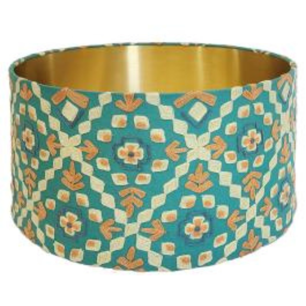Image of cotton drum lamp shade with tribal diamonds pattern in aqua, white and orange.