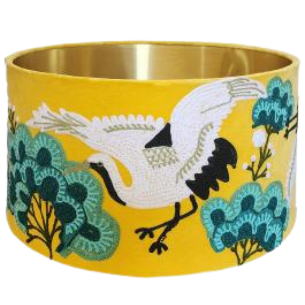 Image of yellow velvet lamp shade with Japanese crane bird embroidery.