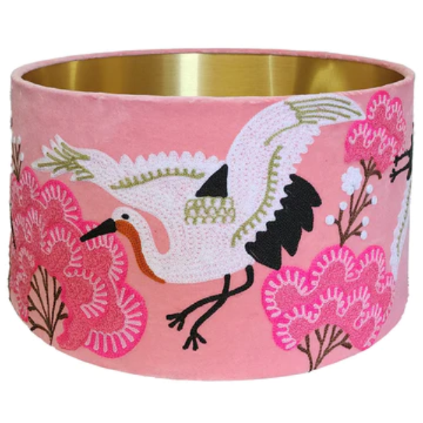 Image of pink velvet lamp shade with Japanese crane bird embroidery.