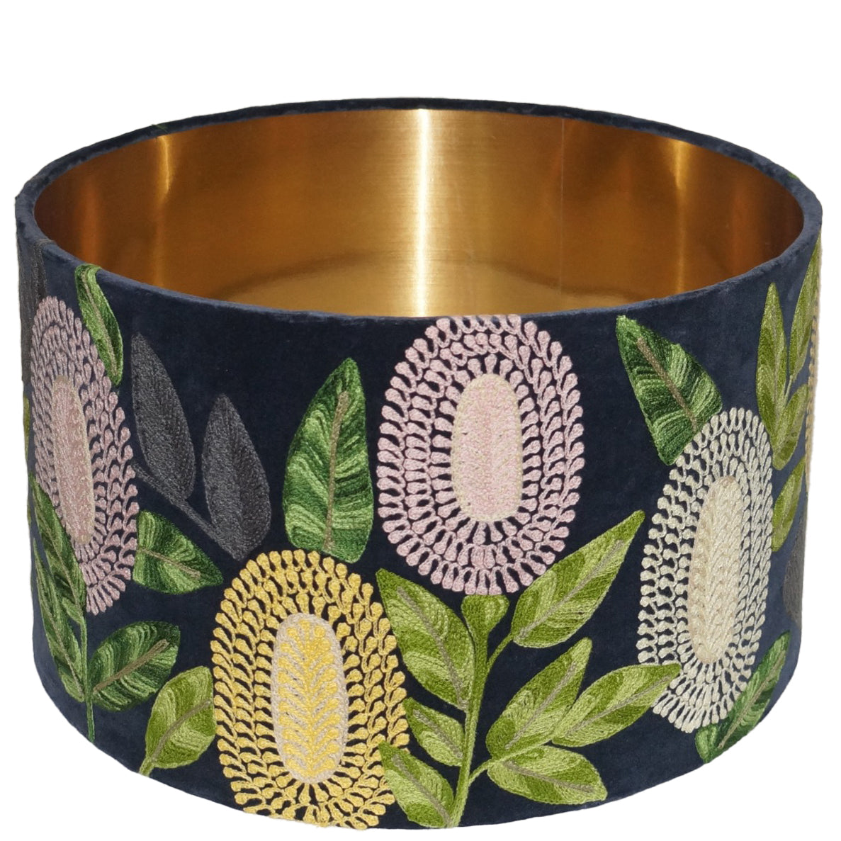 velvet lampshade with banksia embroidery