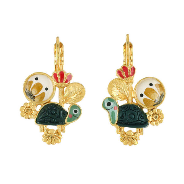 Image of earrings set with a green tortoise and red and yellow flowers, gold coloured metal on a French hook.