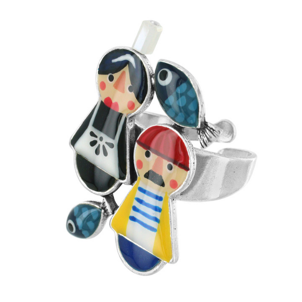 Image of adjustable ring with a continental sailor and wife, fish and lighthouse. Multicoloured.