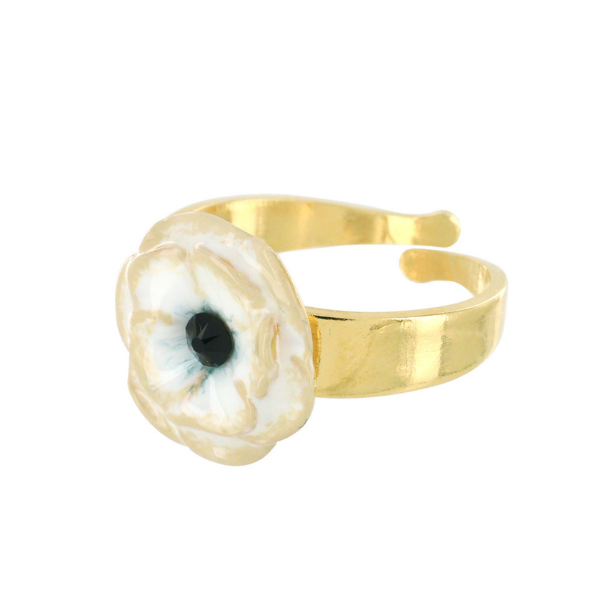 Image of adjustable ring with cream and white flower with a black centre.