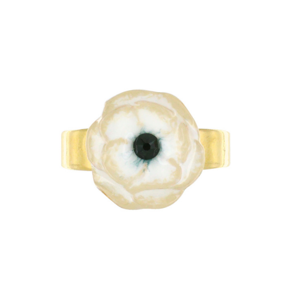 Image of adjustable ring with cream and white flower with a black centre.