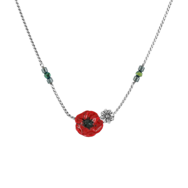 Image of dainty necklace with hand painted poppy and silver metal flower centrepiece.