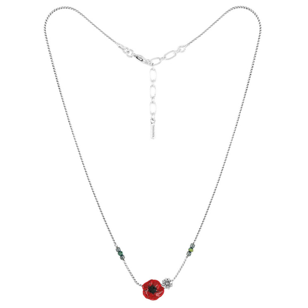 Image of dainty necklace with hand painted poppy and silver metal flower centrepiece.