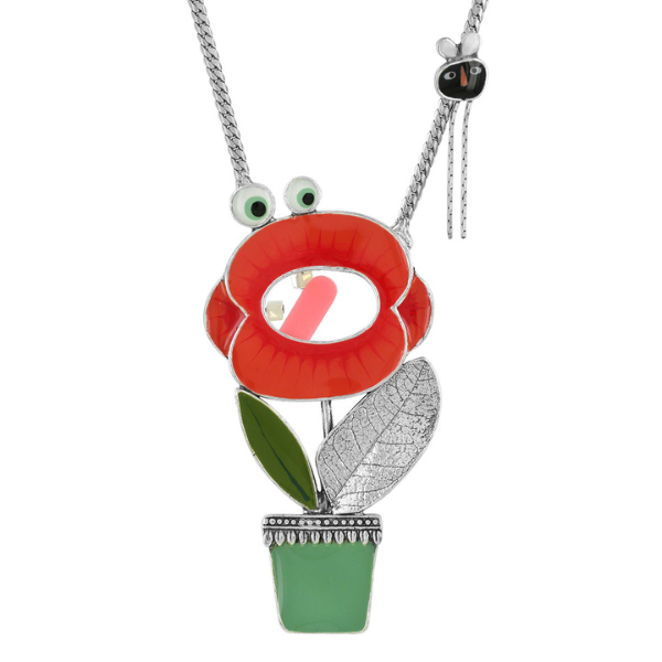 Image of bright necklace with flower face, pink tongue fly catcher in green pot all on silver metal chain.