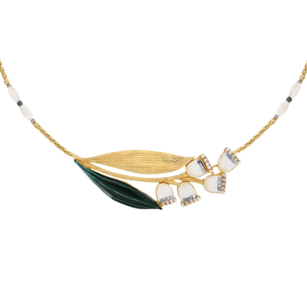 Image of elegant necklace with gold and green leaves attached to white tulips using precious stones and hand painted resin on gold metal finish.