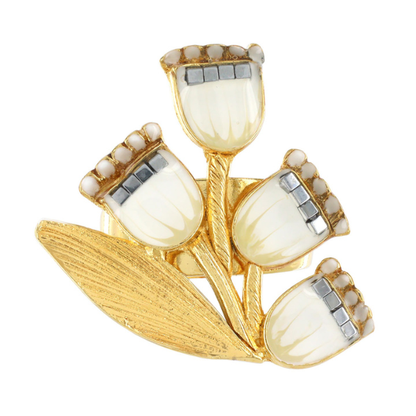 Image of elegant gold-plated ring of 3 white tulip flowers all hand painted and encrusted with precious stones.