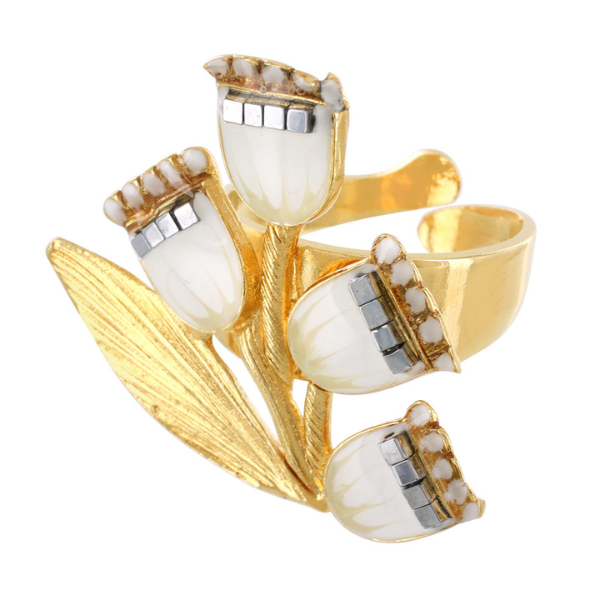 Image of elegant gold-plated ring of 3 white tulip flowers all hand painted and encrusted with precious stones.