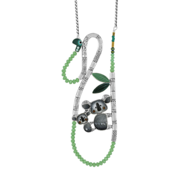 Image of long necklace with cute koala and baby koala on its back featuring a snake on silver metal finish.