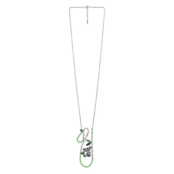Image of long necklace with cute koala and baby koala on its back featuring a snake on silver metal finish.