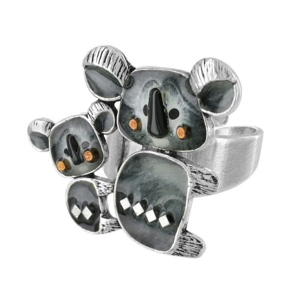 Image of cute koala ring with baby koala on its back on silver metal adjustable finish.