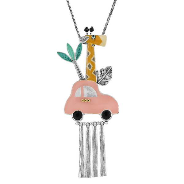 Image of cute necklace with giraffe sitting in safari car on silver metal chain with silver dangles.