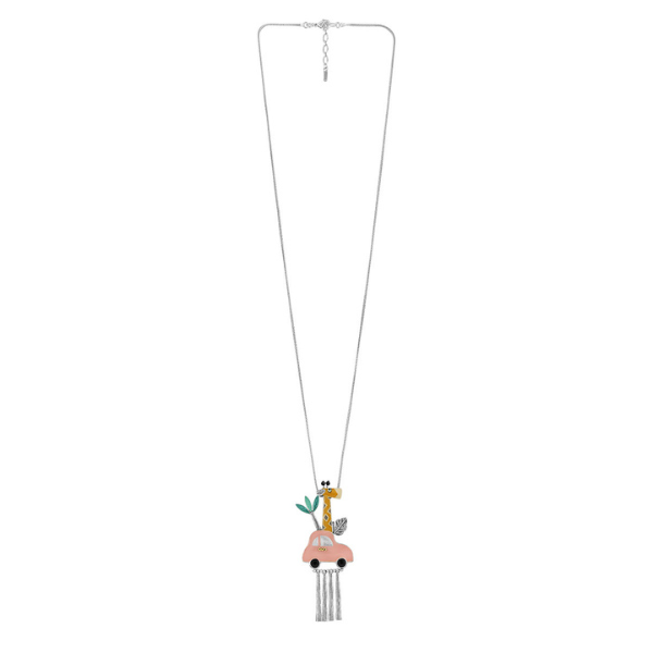 Image of cute necklace with giraffe sitting in safari car on silver metal chain with silver dangles.