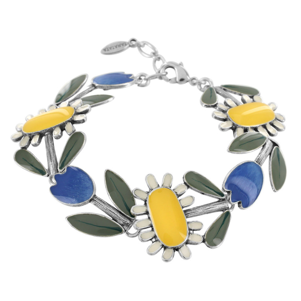 Image of bright bracelet with blue tulips and a white a yellow sunflowers sitting all on silver metal chain.