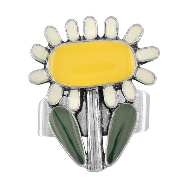 Image of bright pretty ring with yellow and white sunflower on silver metal adjustable band.