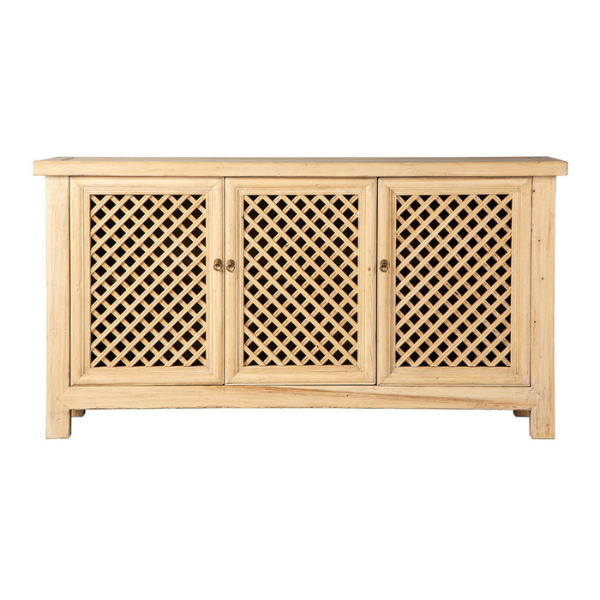 Image of lattice inset, three door cabinet crafted from reclaimed pine.