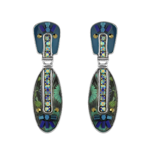Image of oval dangle earrings encrusted with hand painted patterns and stones.