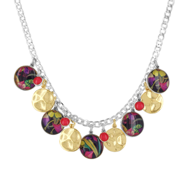 Image of necklace with circle pendants that are hand painted.