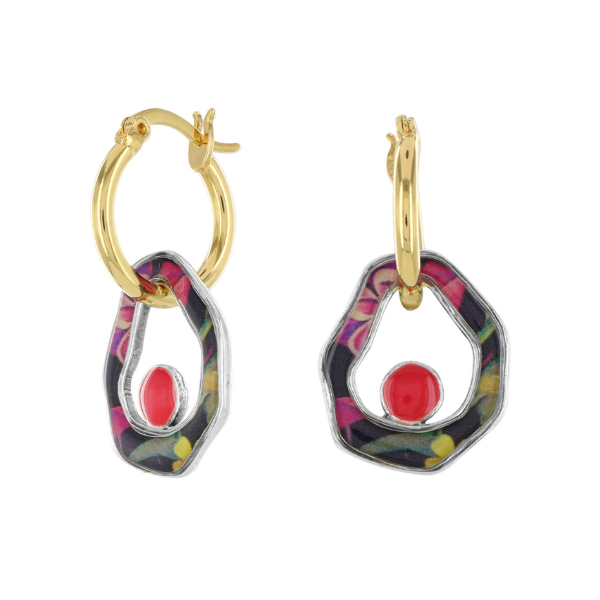 Image of squiggly creole earrings encrusted with hand painted patterns and red stone centre.