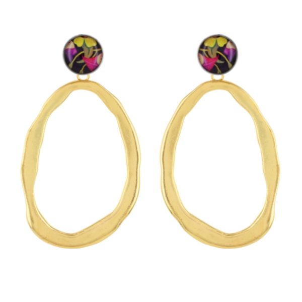 Image of small round hand painted earring with large squiggly creole gold plated dangles.