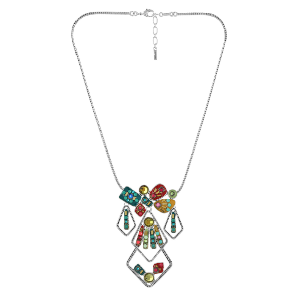 Image of multi pendant necklace encrusted with multicoloured hand painted patterns and stones on silver finish.