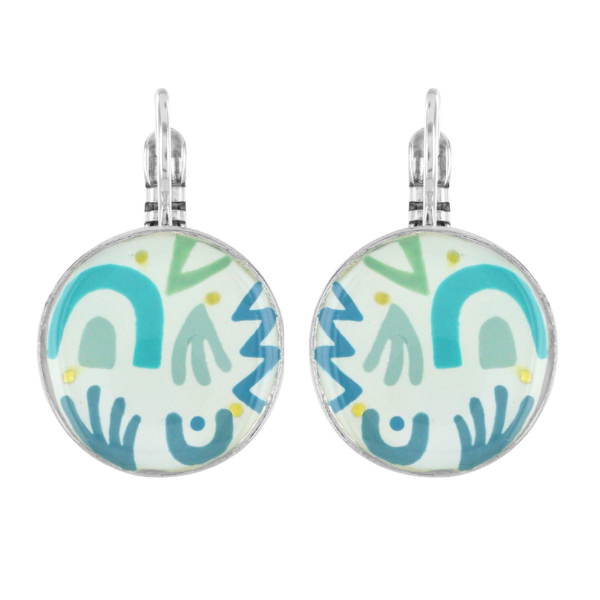 Image of dainty round earrings with hand painted white with blue patterns.