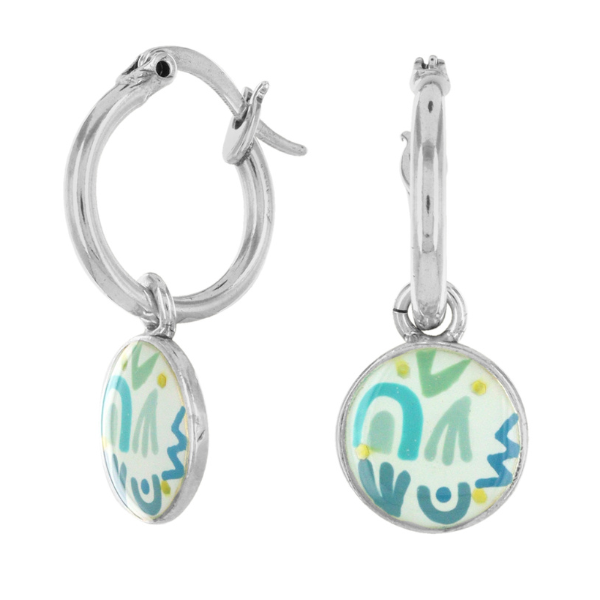 Image of dainty round earrings hand painted with blue patterns.