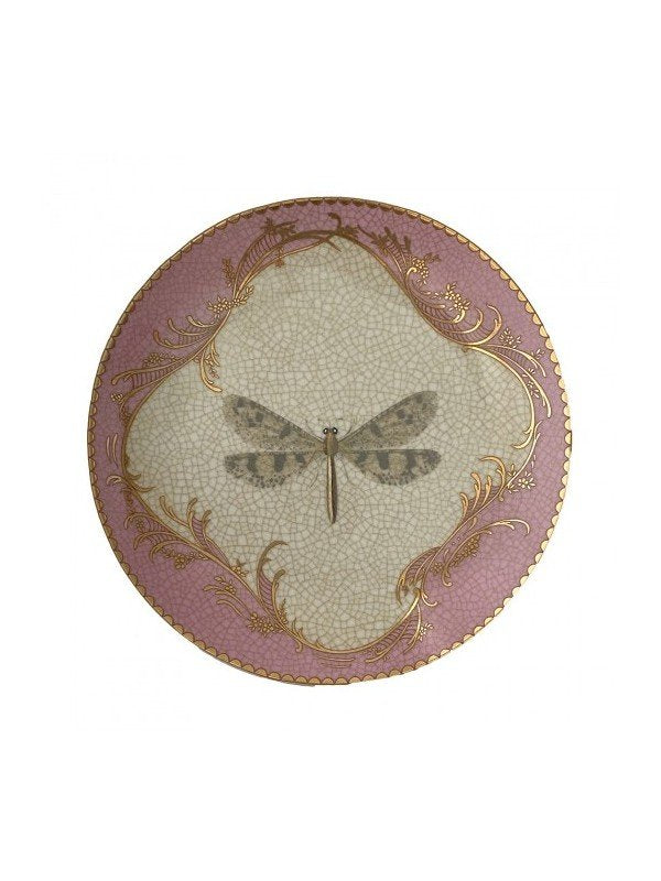 Image of decorative plate, suitable as a wall plate or for freestanding, this plate features a dragonfly centrepiece in the design with a musky pink and gold border. Round measuring 20.5cm diameter. Not for food. Decorative only.