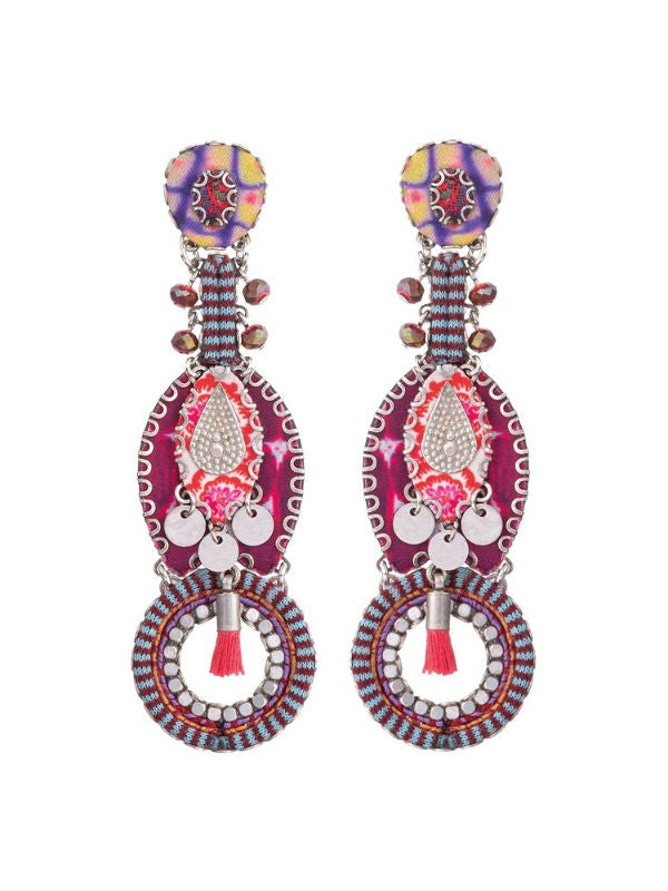 Image of contemporary earrings. Think of the colours of the setting sun, and these Horizon earrings from Ayala Bar have all the richness of red tones with purple and yellow highlights. True statement earrings that are guaranteed to delight.