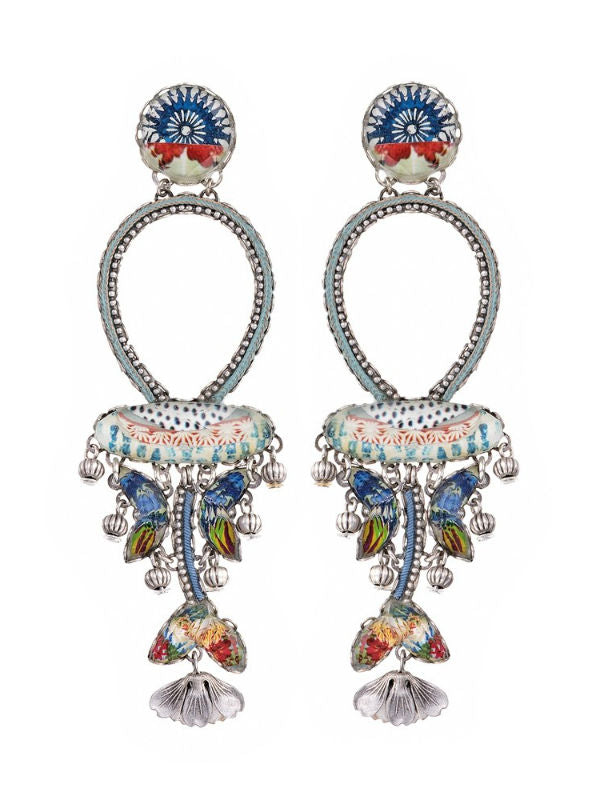 Image of skillfully handcrafted earrings on silver plated brass using metal alloys, glass beads, ceramic stones, crystal rhinestones and / or fabrics.